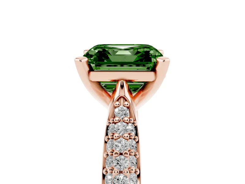 Fancy Green Asscher Cut Diamond Solitaire Engagement Ring Set in Rose gold with Multi-Row Round Pavé Band and Prong Setting