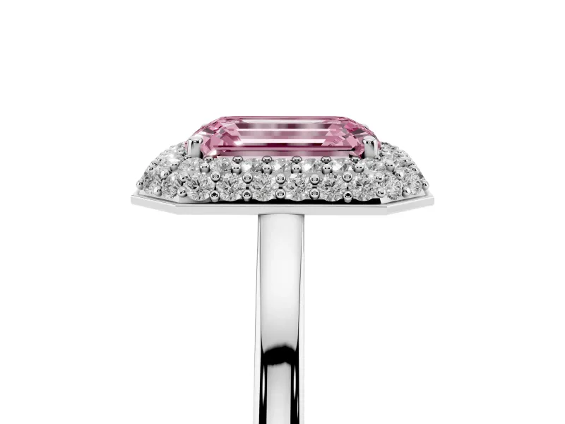 Fancy Pink Emerald Cut Diamond Halo Engagement Ring Set in White gold with Solitaire Band and Prong Setting