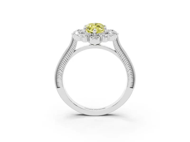 Fancy Yellow Marquise Cut Diamond Halo Milgrain Pavé Ring Set in Silver with Prong Setting