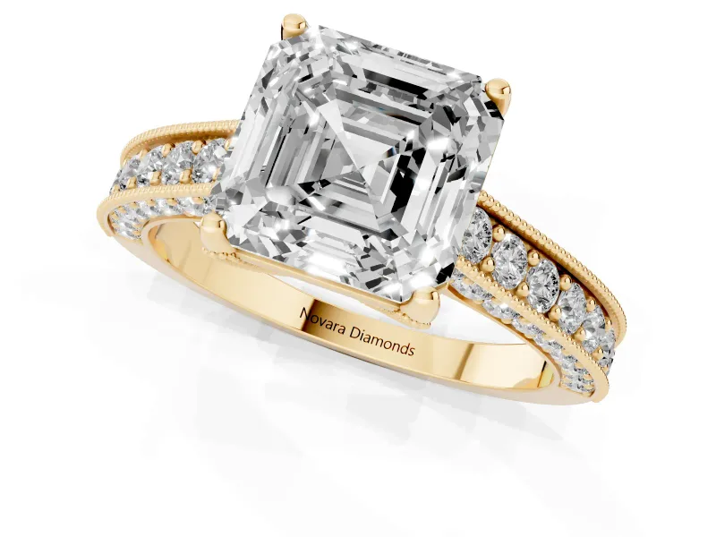 Asscher Cut Vintage Hidden Halo Engagement Ring Setting | Milgrain Pave Band | Yellow Gold