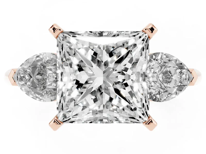 Three-Stone Princess Cut Diamond Ring Set in Rose gold with Pear Side Stones and Prong Setting