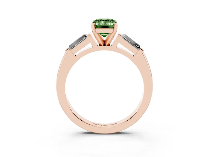 Emerald Cut Three Stone Engagement Ring Setting for a Fancy Green Lab-Grown Diamond | Tapered Baguettes | Rose Gold