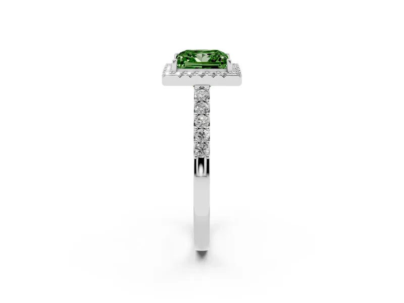 Fancy Green Princess Cut Diamond Halo Pavé Solitaire Ring Set in Platinum with Prong-Set Center Stone