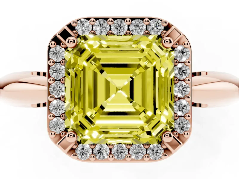 Fancy Yellow Asscher Cut Diamond Halo Engagement Ring Set in Rose gold with Plain Split Shank and Prong Setting
