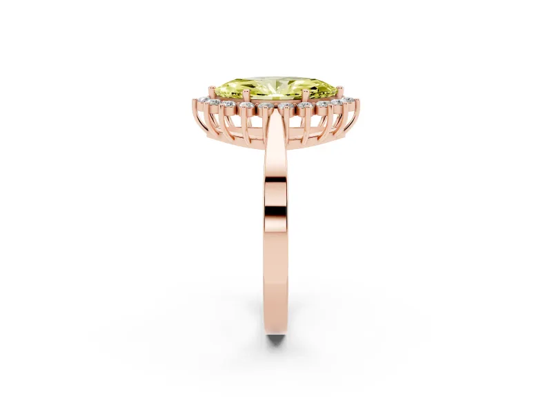 Fancy Yellow Marquise Cut Diamond Halo Ring Set in Rose gold with Round Halo and Smooth Solitaire Band
