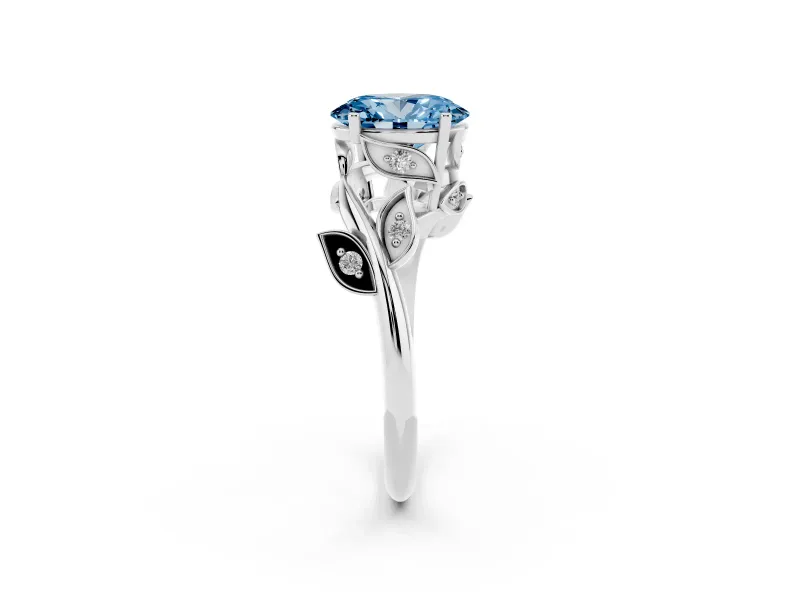 Fancy Blue Oval Cut Diamond Solitaire Twist Engagement Ring Set in White gold with Pavé Leaf Accents