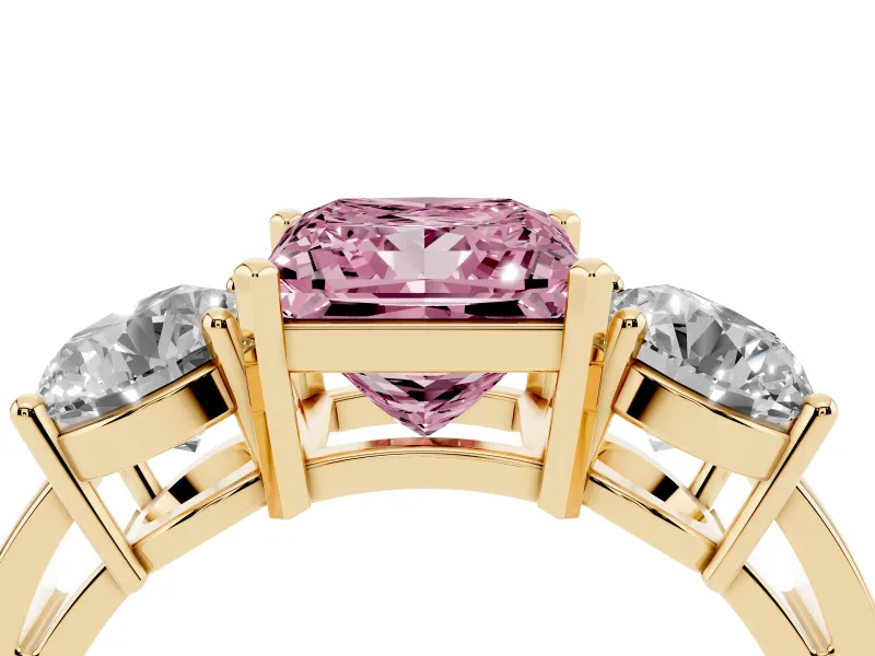 Princess Cut Three Stone Engagement Ring Setting for a Fancy Pink Lab-Grown Diamond | Wide Plain Band | Yellow Gold