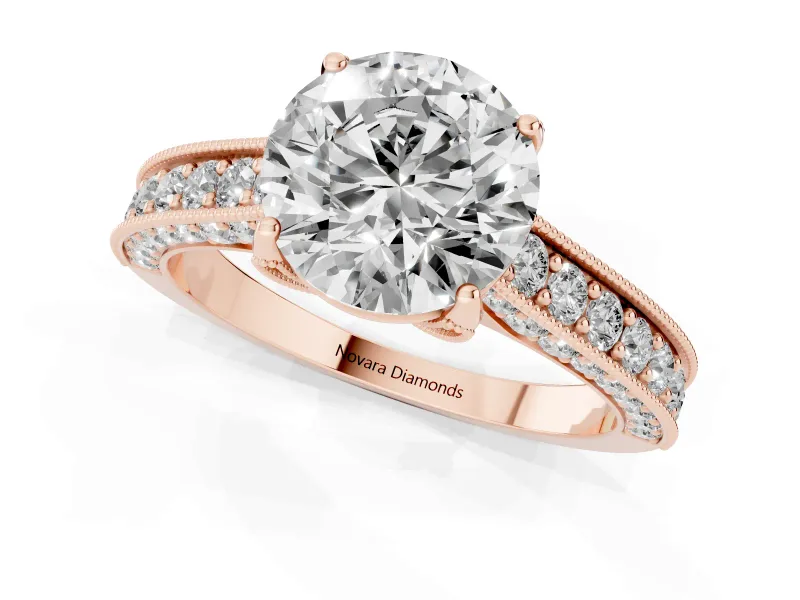 Round Vintage Hidden Halo Engagement Ring Setting | Milgrain Pave Band | Rose Gold