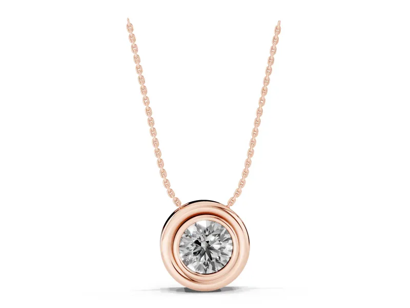 Round Lab-Grown Diamond Wide Bezel Solitaire Pendant Necklace | Stepped Rim | Rose Gold