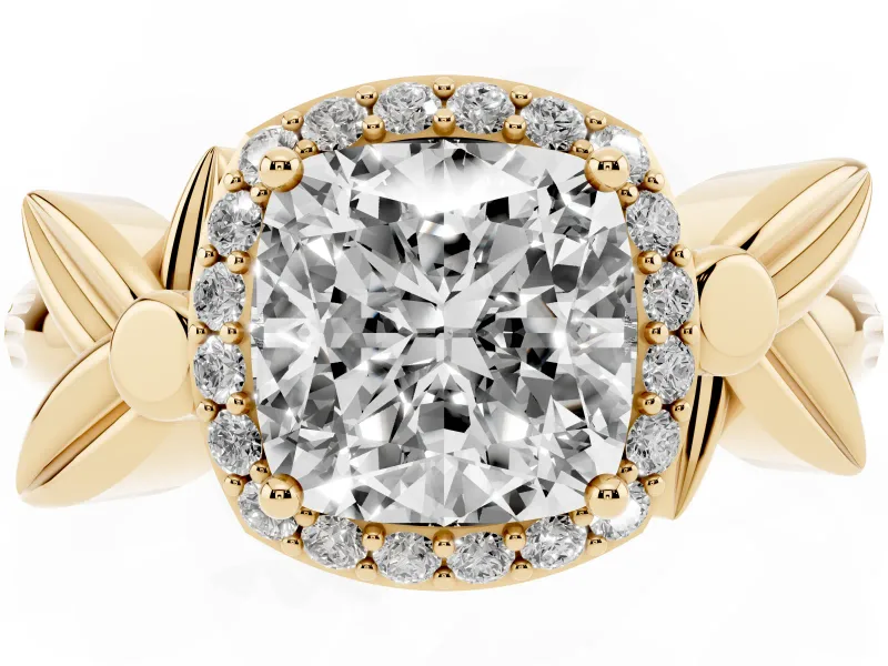 Cushion Cut Floral Halo Engagement Ring Setting | Leaf Shoulders | Yellow Gold