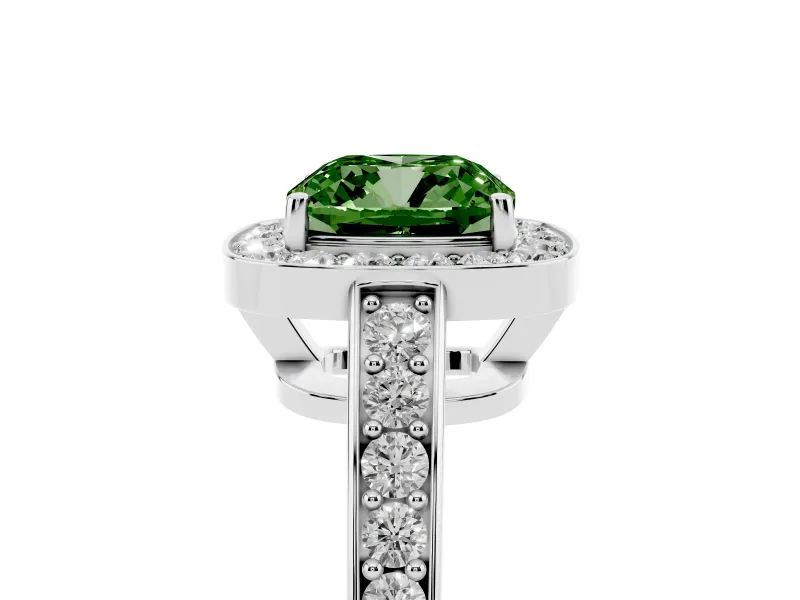 Fancy Green Cushion Cut Diamond Halo Pavé Engagement Ring Set in Platinum with Bezel Setting