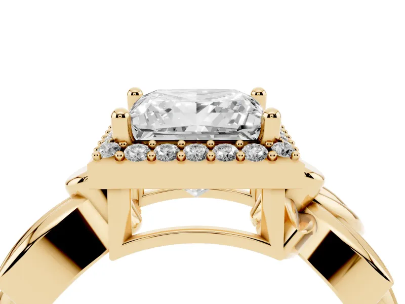 Princess Cut Floral Halo Engagement Ring Setting | Leaf Shoulders | Yellow Gold