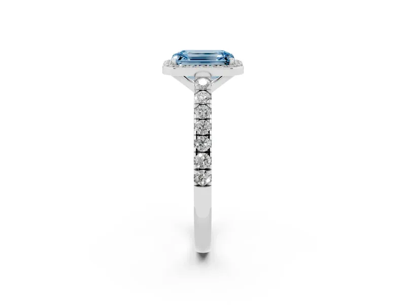 Fancy Blue Emerald Cut Diamond Halo Engagement Ring Set in Platinum with Pavé Band and Prong Setting