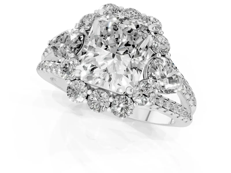 Radiant Cut Scalloped Halo Engagement Ring Setting | Pear Side Stones | White Gold