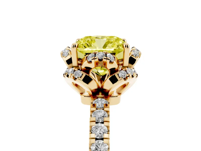 Cushion Cut Floral Petal Halo Engagement Ring Setting for a Fancy Yellow Lab-Grown Diamond | Pavé Band | Yellow Gold