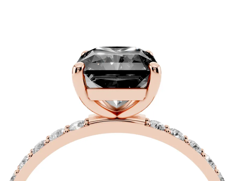 Fancy Black Radiant Cut Diamond Solitaire Ring Set in Rose gold with Round Pavé Band and Prong Setting