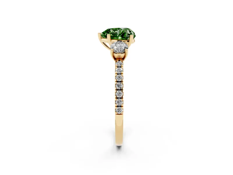 Fancy Green Heart Cut Diamond Three-Stone Ring Set in Yellow gold with Pavé Band and Graduated Sides