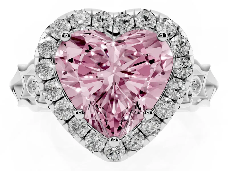 Heart-Shaped Halo Engagement Ring Setting for a Fancy Pink Lab-Grown Diamond | Filigree Shoulders | White Gold
