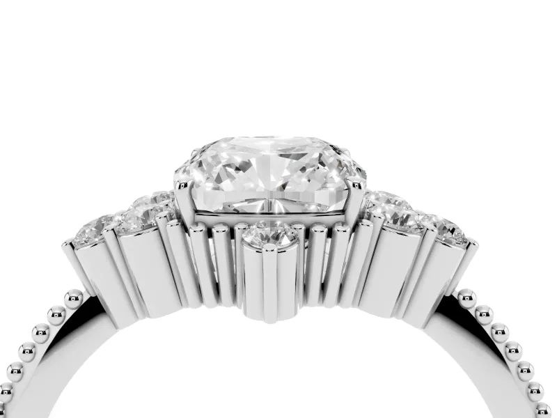 Cushion Cut Vintage Cluster Engagement Ring Setting | Beaded Edges | White Gold