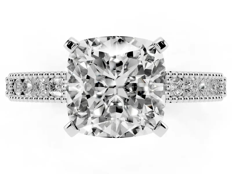 Cushion Cut Diamond Solitaire Ring Set in White gold with Slim Pavé Band and Prong Setting