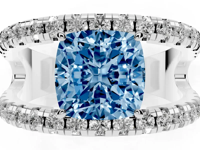 Cushion Cut Wide Open Split Shank Engagement Ring Setting for a Fancy Blue Lab-Grown Diamond | Pavé Strands | Platinum
