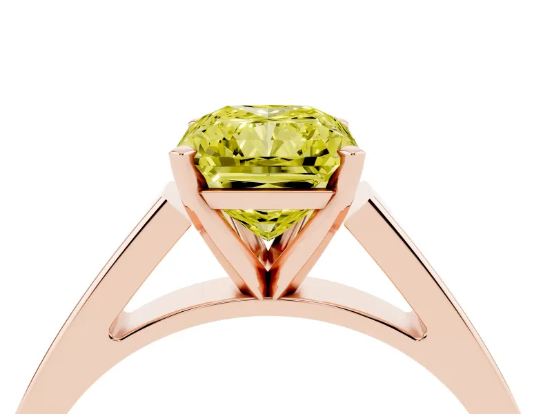 Fancy Yellow Radiant Cut Diamond Solitaire Engagement Ring Set in Rose gold with Prong Setting and Tapered Band