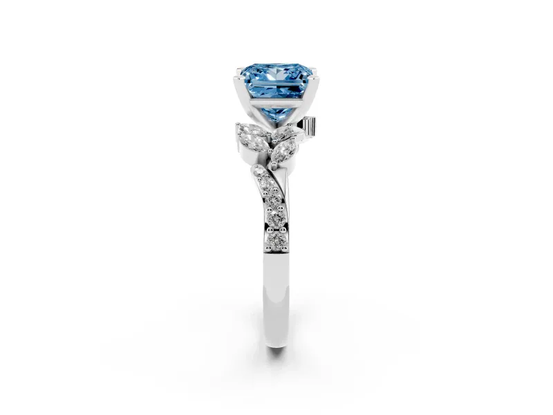 Fancy Blue Princess Cut Diamond Solitaire Ring Set in Platinum with Marquise Twist Band and Prong Setting
