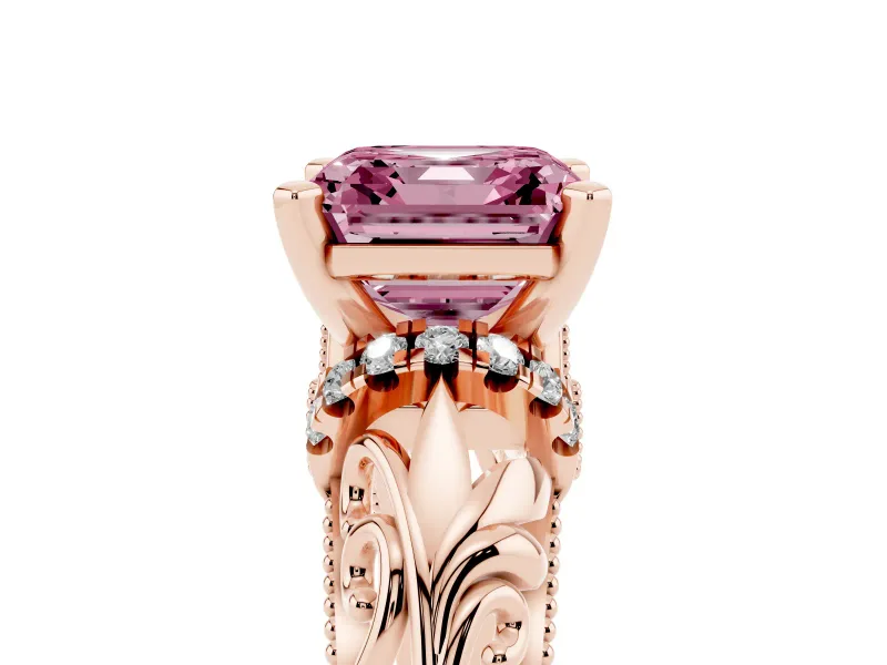 Fancy Pink Asscher Cut Diamond Filigree Halo Engagement Ring Set in Rose gold with Prong Setting