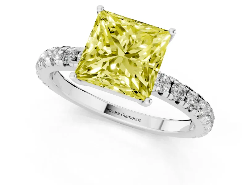 Princess Cut Pave Engagement Ring Setting for a Fancy Yellow Lab-Grown Diamond | Shared Prong Band | Sterling Silver