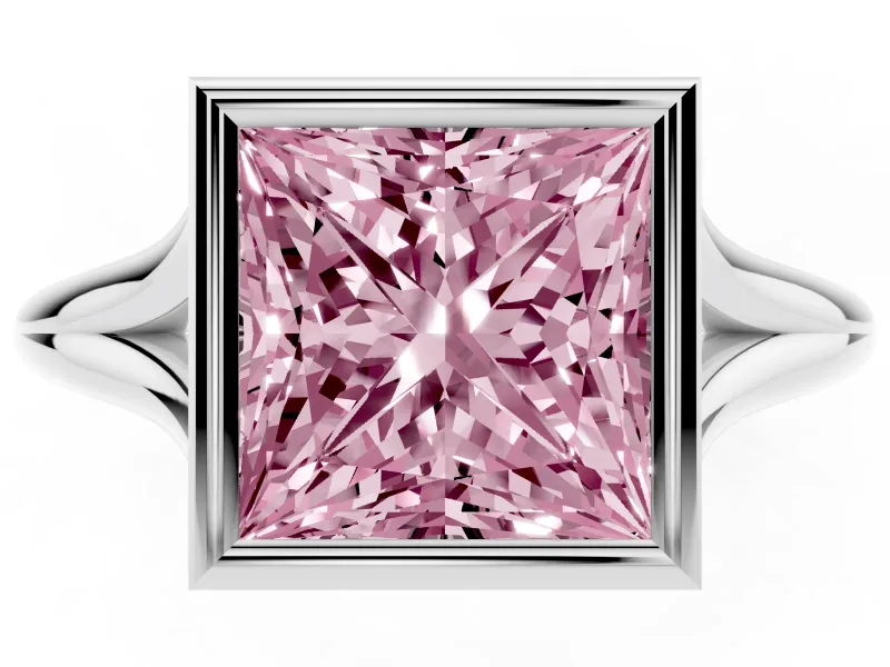 Fancy Pink Bezel Set Princess Cut Diamond Solitaire Ring Set in Platinum with Tapered Band