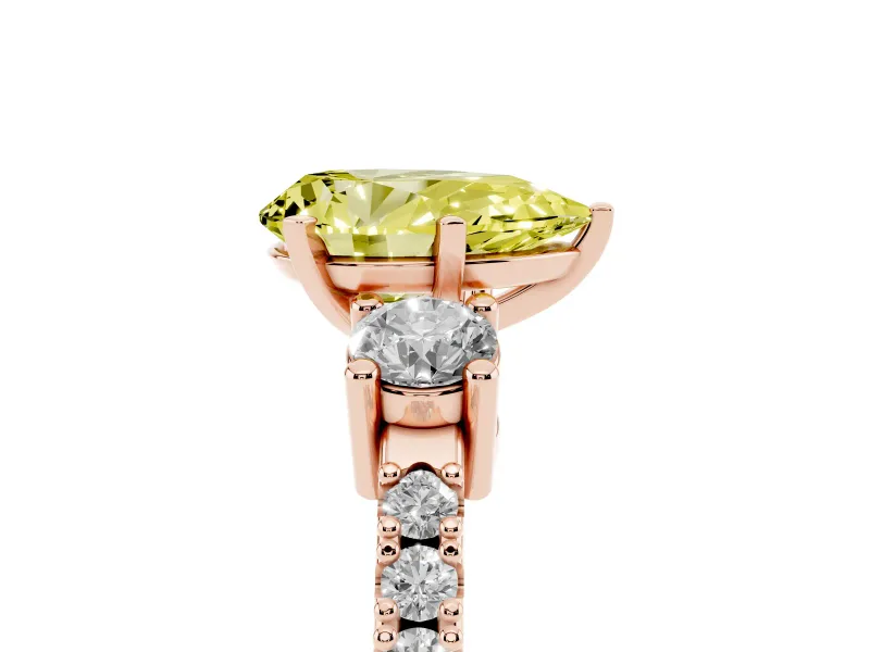 Fancy Yellow Three-Stone Pear Cut Diamond Pavé Band Ring Set in Rose gold with Prong Setting