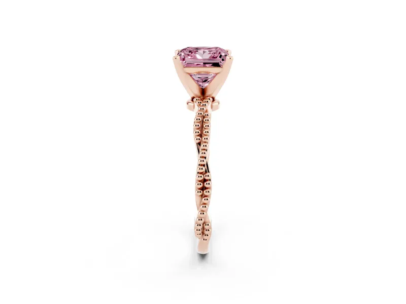 Fancy Pink Princess Cut Diamond Solitaire Ring Set in Rose gold with Twisted Band and Bead Prong Setting