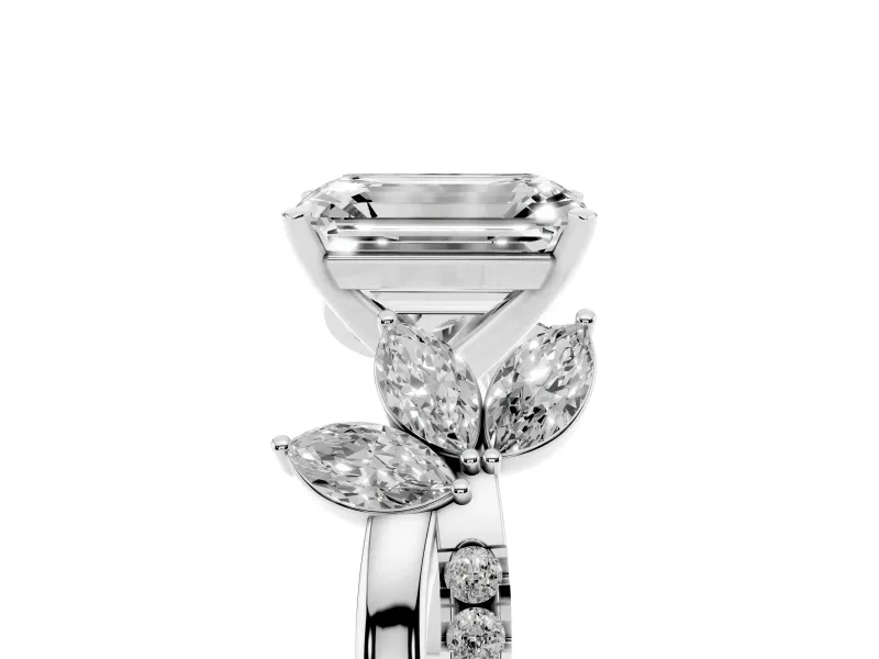 Emerald Cut Diamond Floral Vine Solitaire Engagement Ring Set in Silver with Marquise Leaves