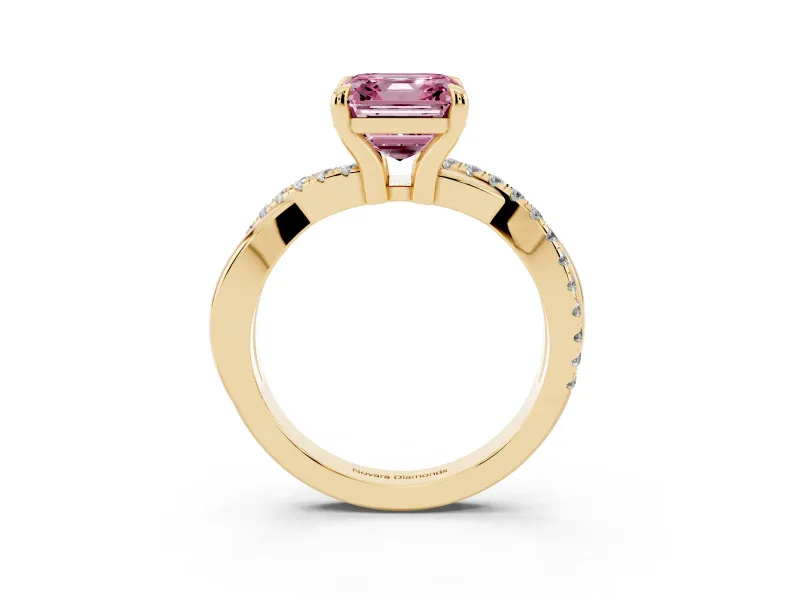 Fancy Pink Asscher Cut Diamond Twist Band Solitaire Set in Yellow gold with Pavé Accents and Prong Setting