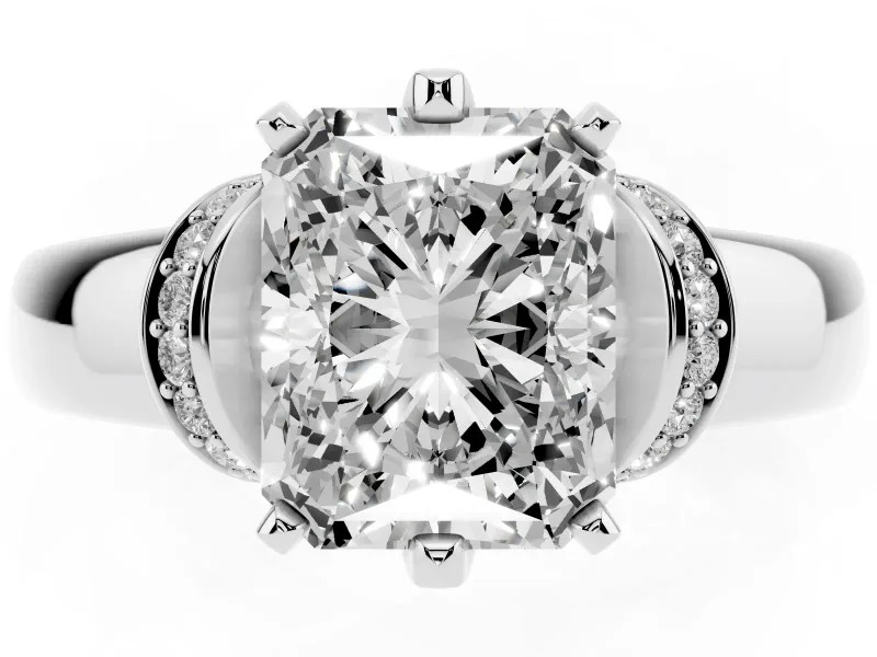 Radiant Cut Pavé Collar Solitaire Engagement Ring Setting | Wide Polished Band | Sterling Silver