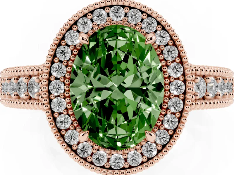 Fancy Green Oval Cut Diamond Halo Ring Set in Rose gold with Round Accent Halo, Pavé Band and Prong Setting