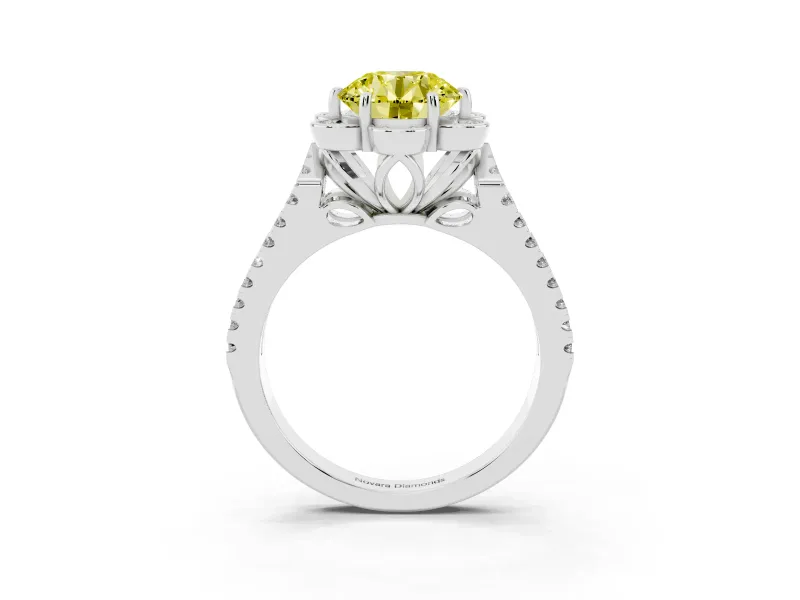 Round Floral Halo Engagement Ring Setting for a Fancy Yellow Lab-Grown Diamond | Pavé Split Shank | White Gold