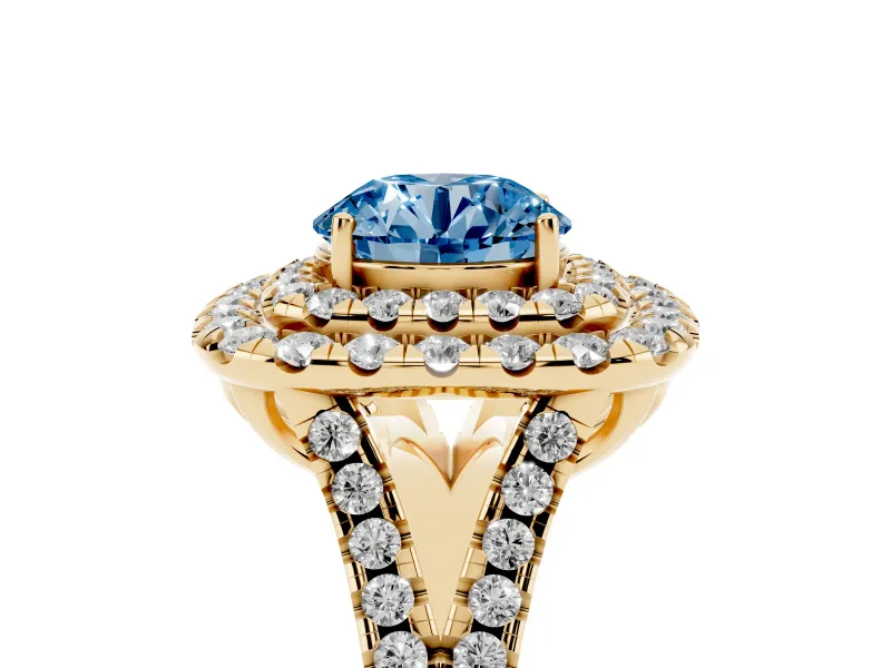 Round Halo Split Shank Engagement Ring Setting for a Fancy Blue Lab-Grown Diamond | Pavé Strands | Yellow Gold