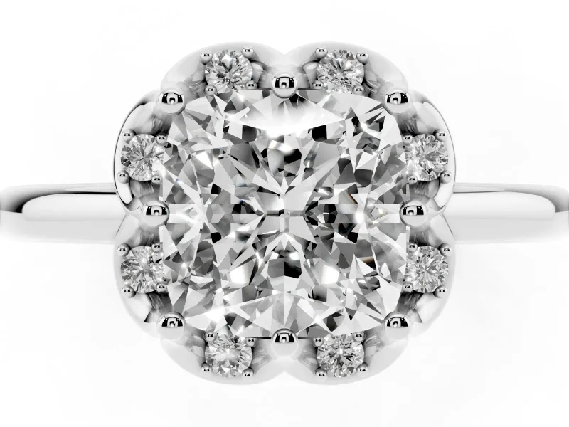 Cushion Cut Scalloped Petal Halo Engagement Ring Setting | Plain Band | Platinum