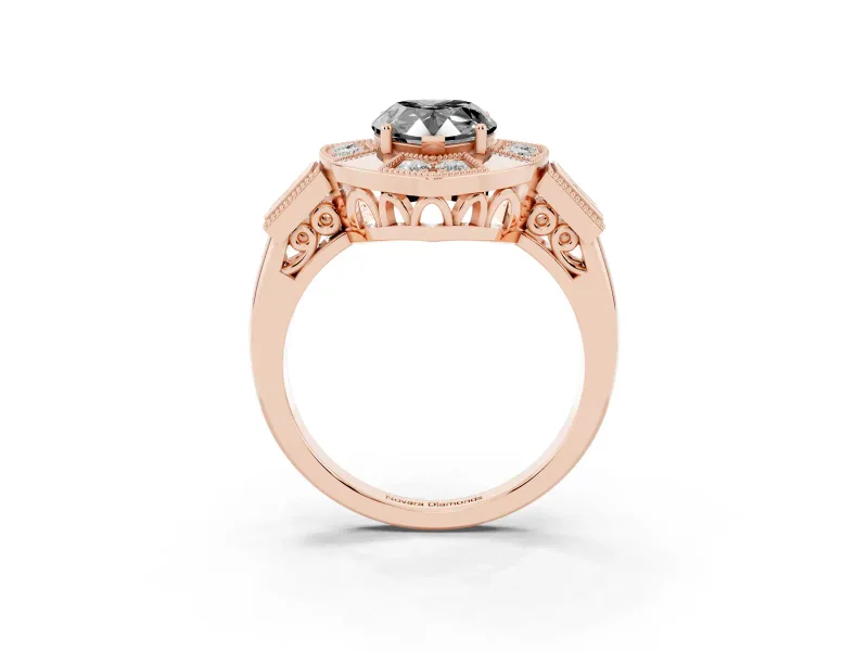 Fancy Black Pear Cut Diamond Milgrain Halo Ring Set in Rose gold with Split Shank