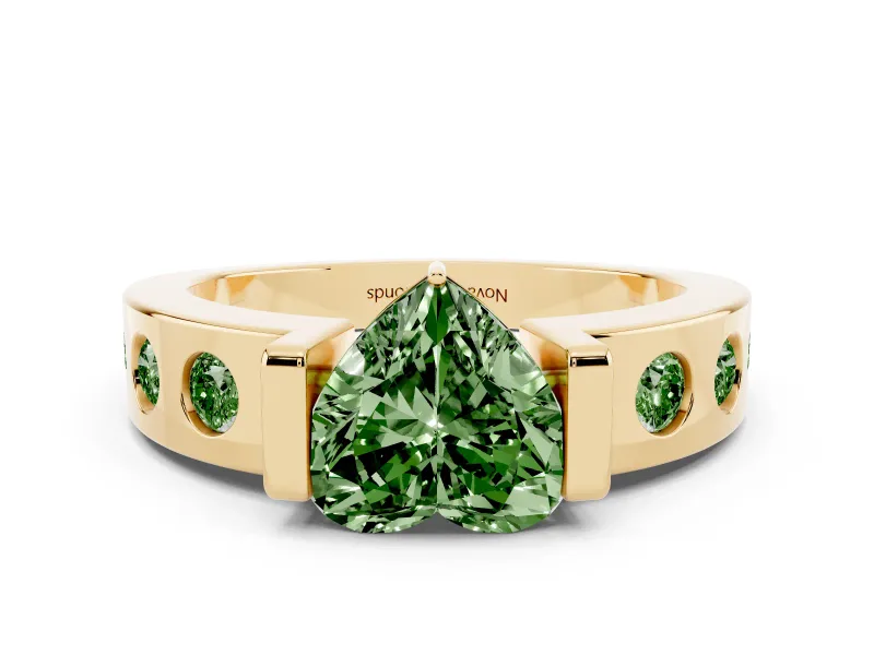 Fancy Green Heart Cut Diamond Channel-Set Band Ring Set in Yellow gold with Bezel Prong Setting
