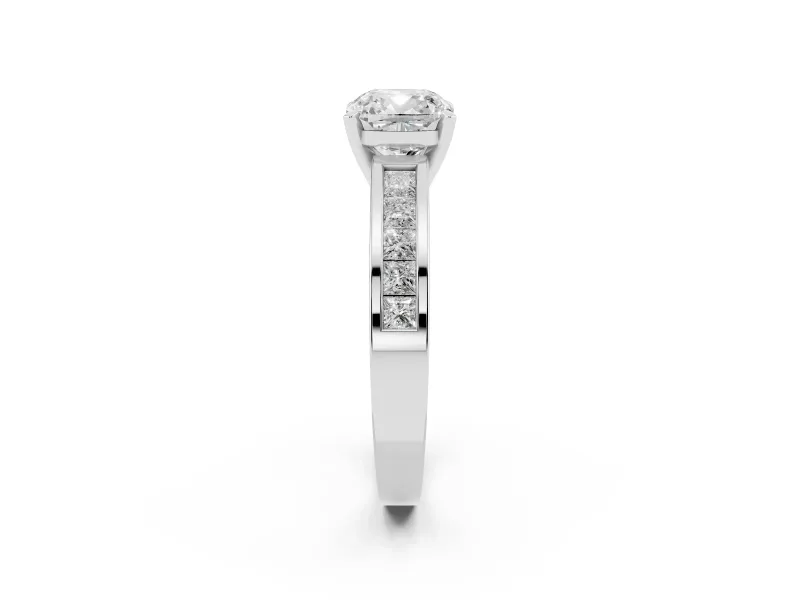 Cushion Cut Diamond Solitaire Ring Set in Platinum with Channel-Set Band and Prong Setting