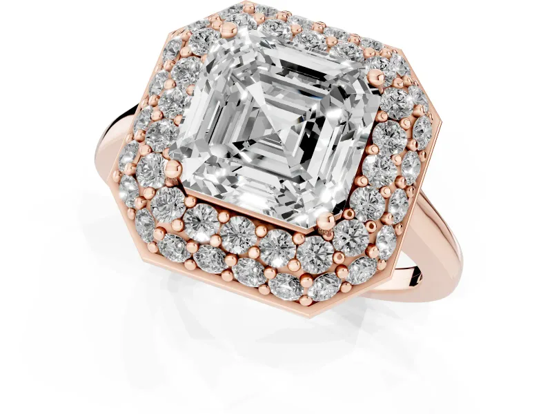Asscher Cut Diamond Halo Engagement Ring Set in Rose gold with Solitaire Band and Prong Setting