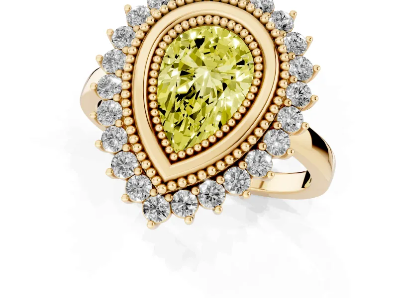 Fancy Yellow Pear Cut Diamond Halo Ring Set in Yellow gold with Milgrain Edge and Round Prong Setting