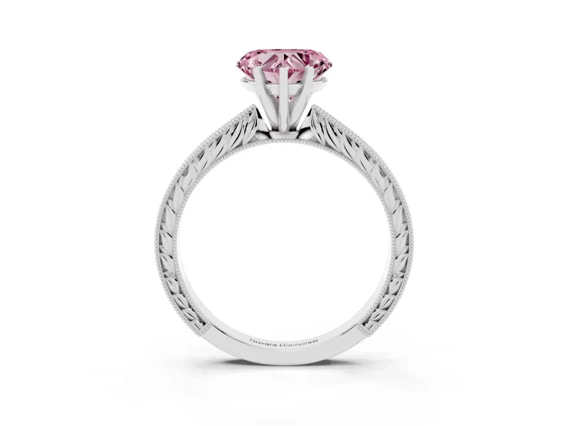 Fancy Pink Heart Cut Diamond Solitaire Milgrain Engraved Band Set in Platinum with Prong Setting