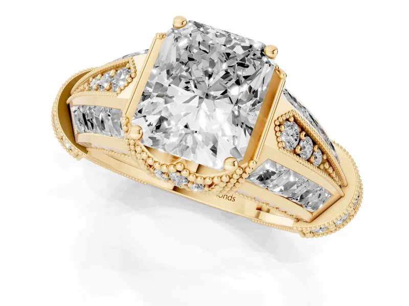 Radiant Cut Diamond Vintage-Inspired Milgrain Ring Set in Yellow gold with Accent Split Shank