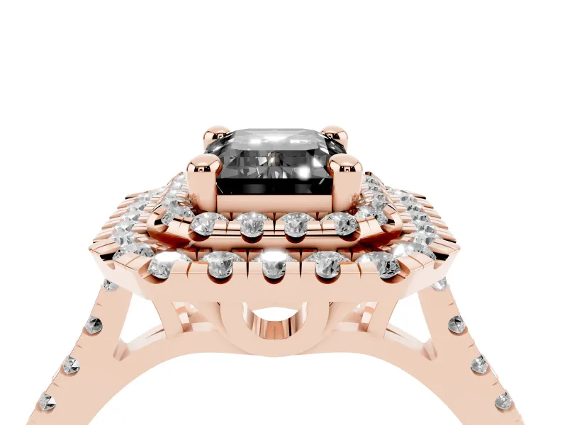 Fancy Black Emerald Cut Diamond Double Halo Statement Ring Set in Rose gold with Pavé Band