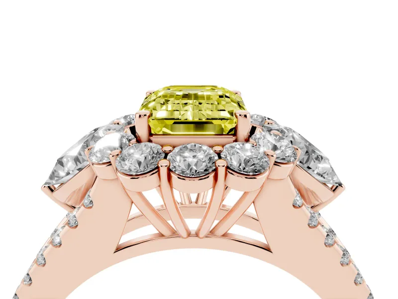 Fancy Yellow Emerald Cut Diamond Halo Split Shank Engagement Ring Set in Rose gold with Prong-Held Center Stone