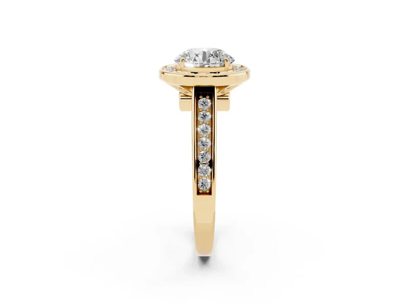Round Cut Diamond Halo Solitaire Ring Set in Yellow gold with Pavé Band and Bezel Setting