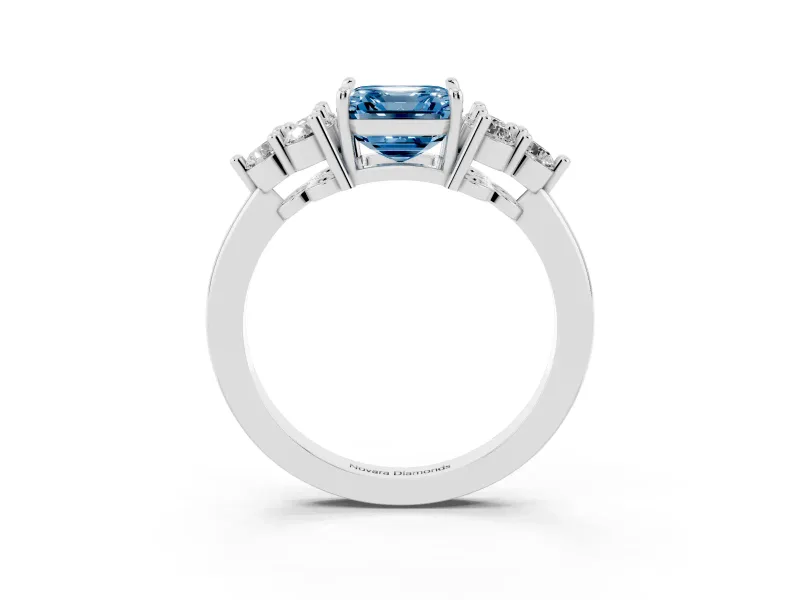 Fancy Blue Asscher Cut Diamond Solitaire Ring Set in White gold with Cluster Accents on Each Side